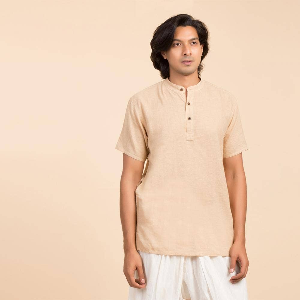 Isha Life Men’s Cotton Linen Kurta. Beige. Half sleeves. Minimalist design. Natural fibers.