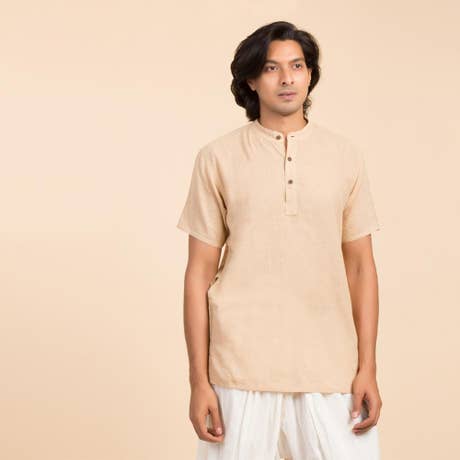 Isha Life Men’s Cotton Linen Kurta. Beige. Half sleeves. Minimalist design. Natural fibers.