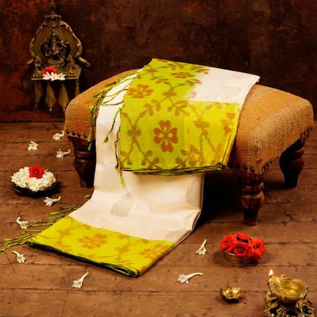 Consecrated White and Light Green Silk Saree with Floral Motifs