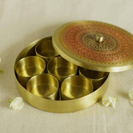 Hand-Enamelled Brass Condiment Box with 7 Containers
