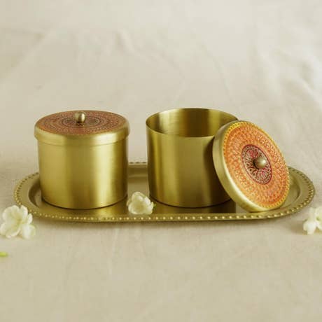 Antique Hand-Enamelled Brass Condiment Holders with Tray