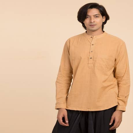 Camel Natural Dye Handwoven Cotton Long Sleeve Kurta for Men