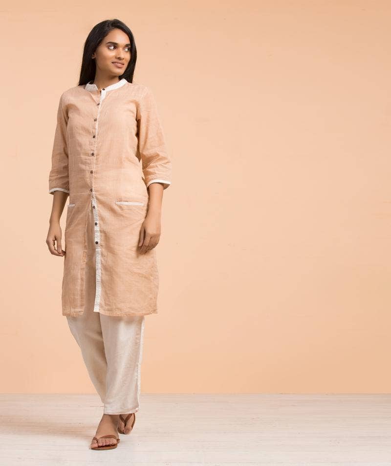 Women's Hand Spun, Hand-woven Front Open Kurta Khaki
