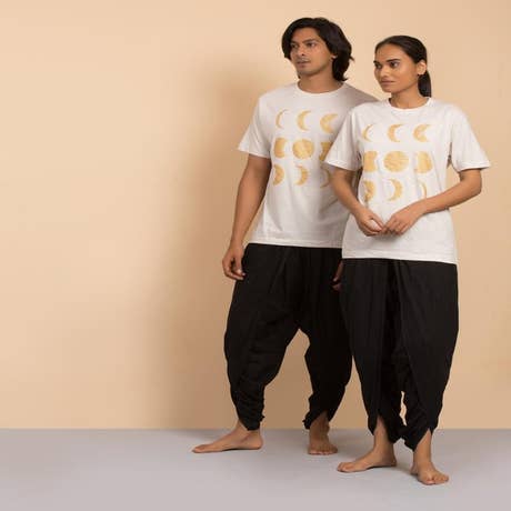 Unisex Gold Printed Moon Cotton T-shirt - Ecru