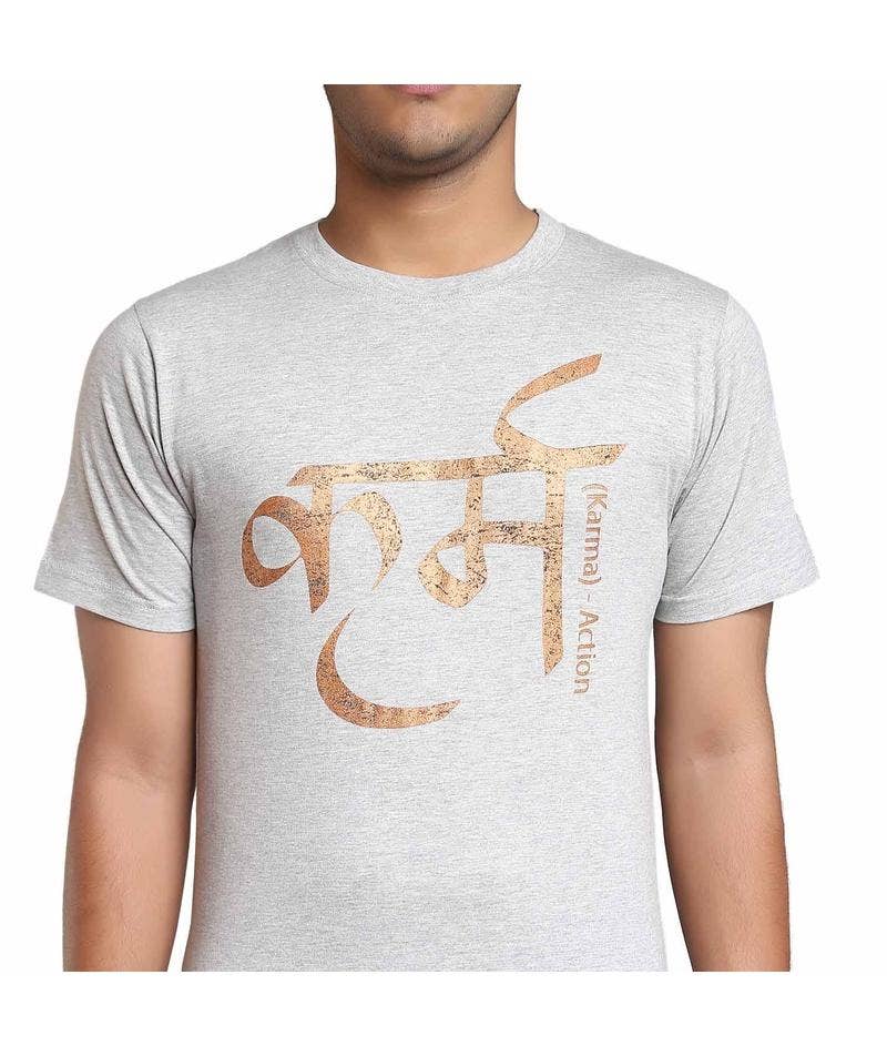Unisex Copper Printed कर्मा (Karma) Cotton T-shirt - Grey