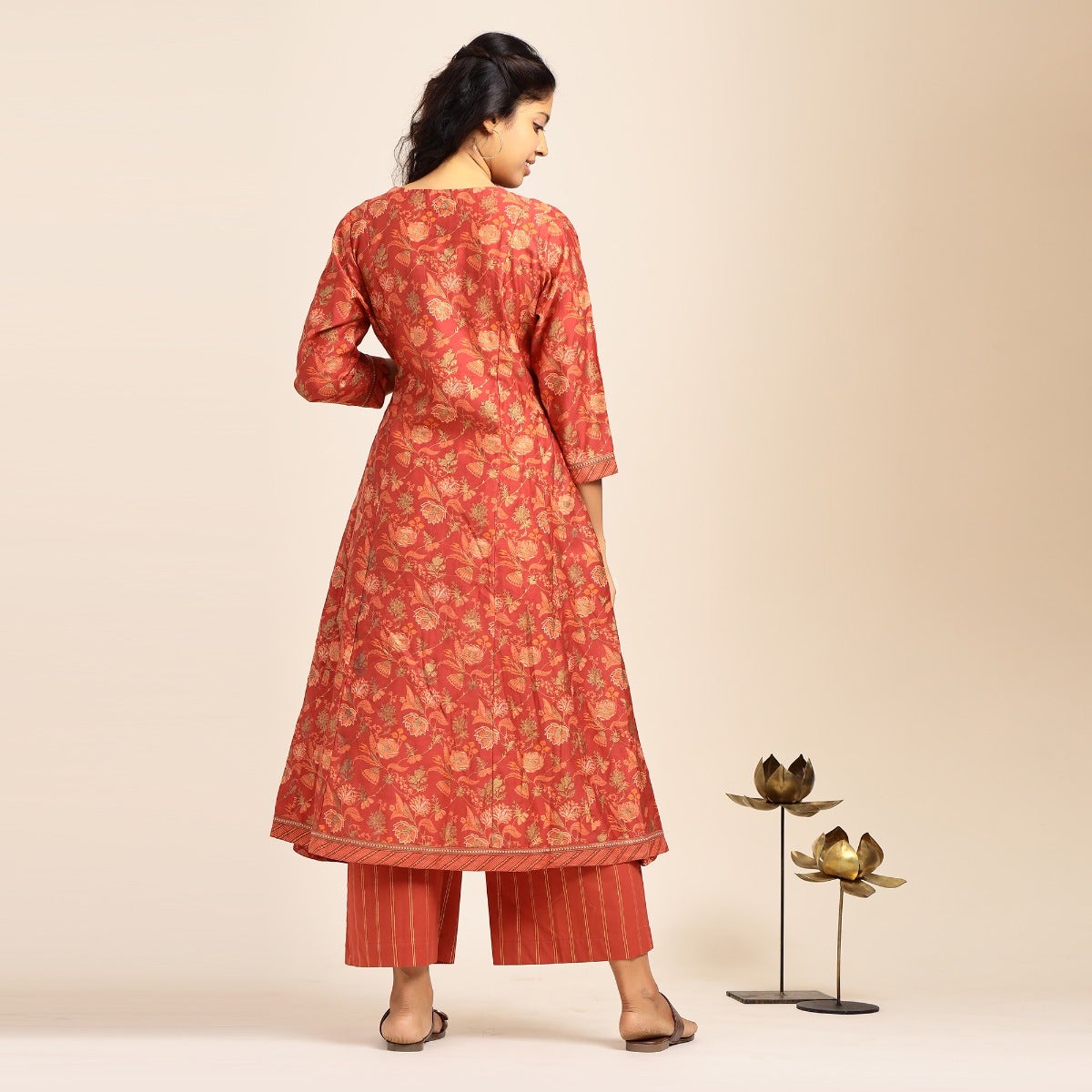 Screen printed Chanderi A-line wrap Kurta - Terracota red