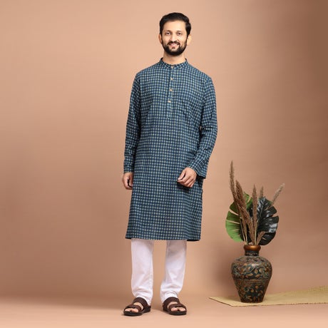 Handblock printed long kurta - checks