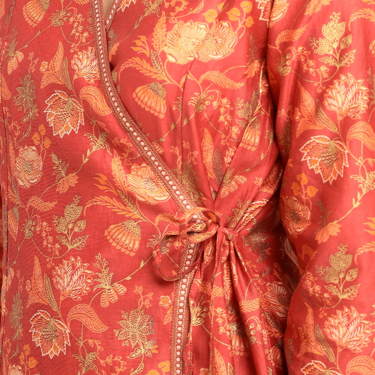 Screen printed Chanderi A-line wrap Kurta - Terracota red
