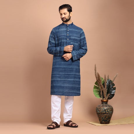 Texture cotton long kurta - Indigo