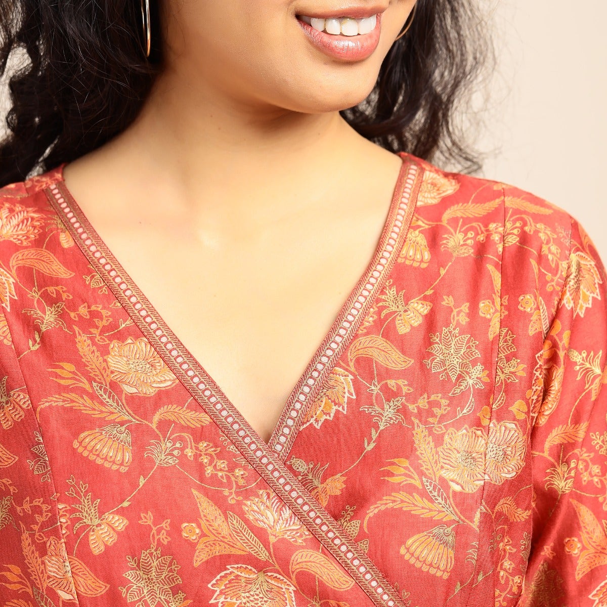 Screen printed Chanderi A-line wrap Kurta - Terracota red