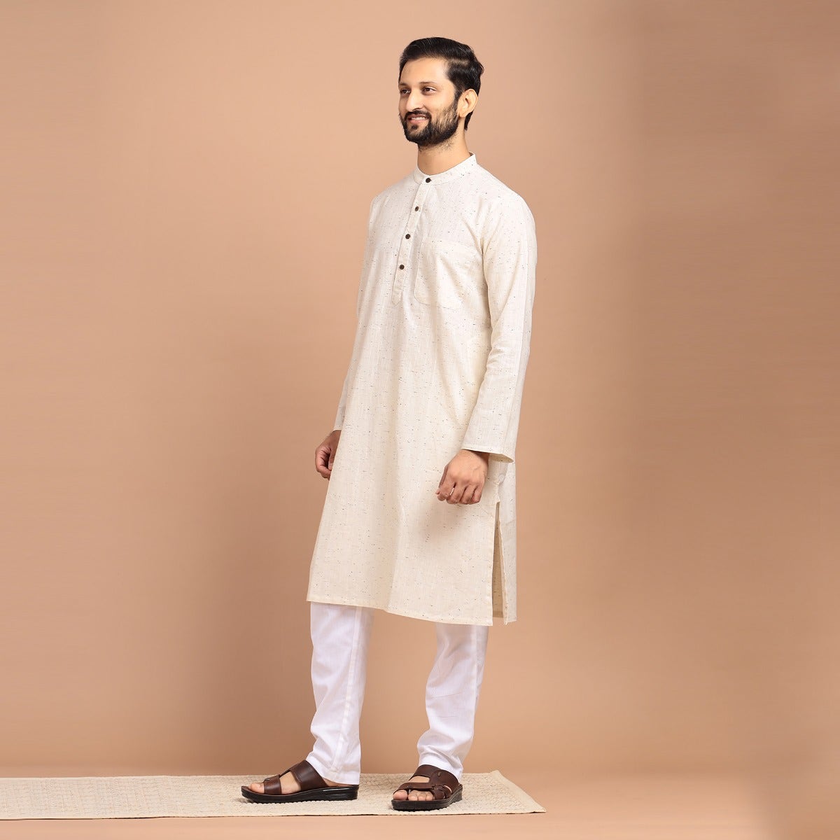 Yarn Dyed Full Sleeve Slub Cotton Kurta - Ecru