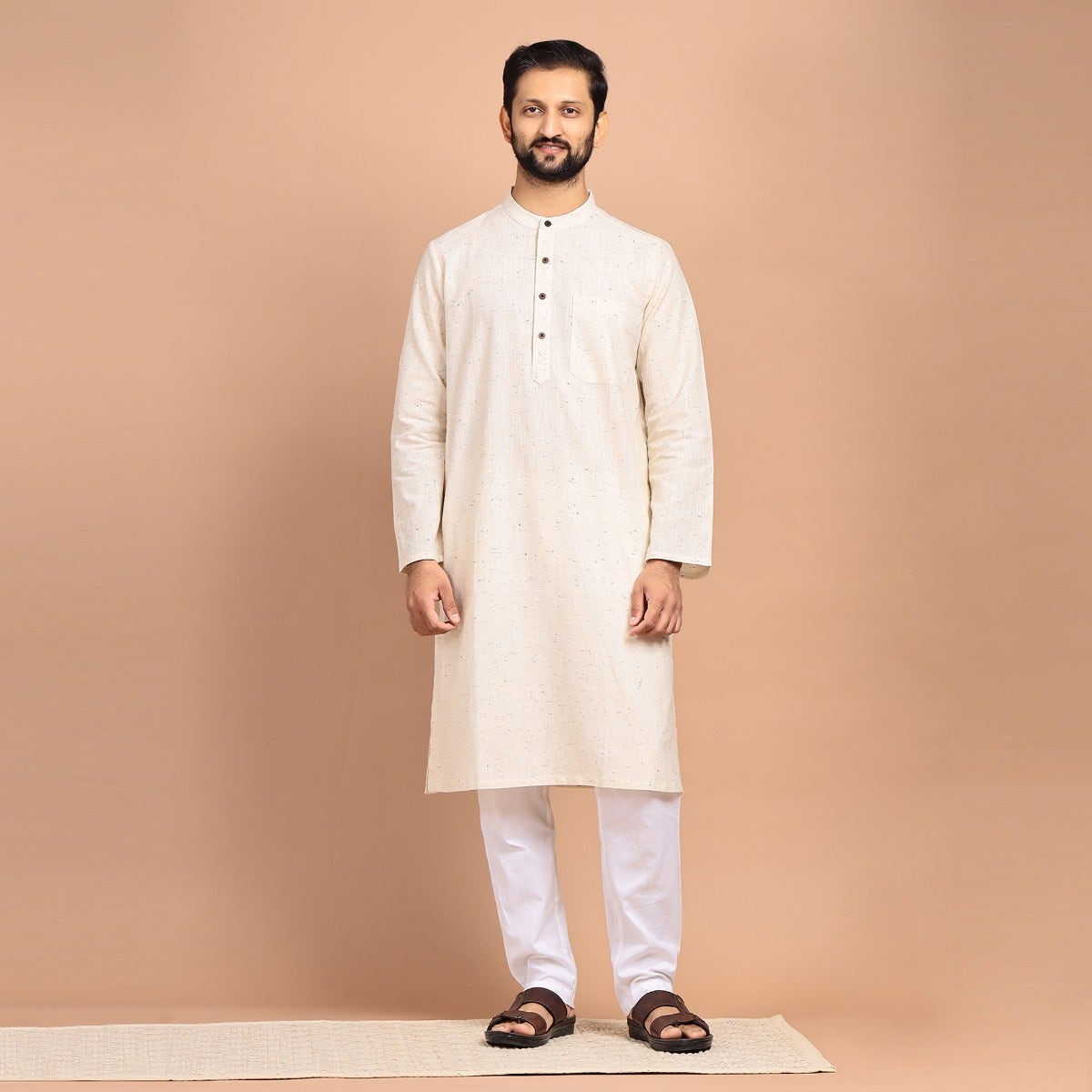 Yarn Dyed Full Sleeve Slub Cotton Kurta - Ecru