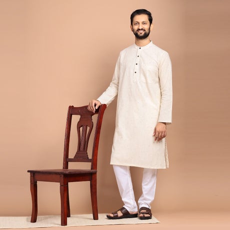 Yarn Dyed Full Sleeve Slub Cotton Kurta - Ecru