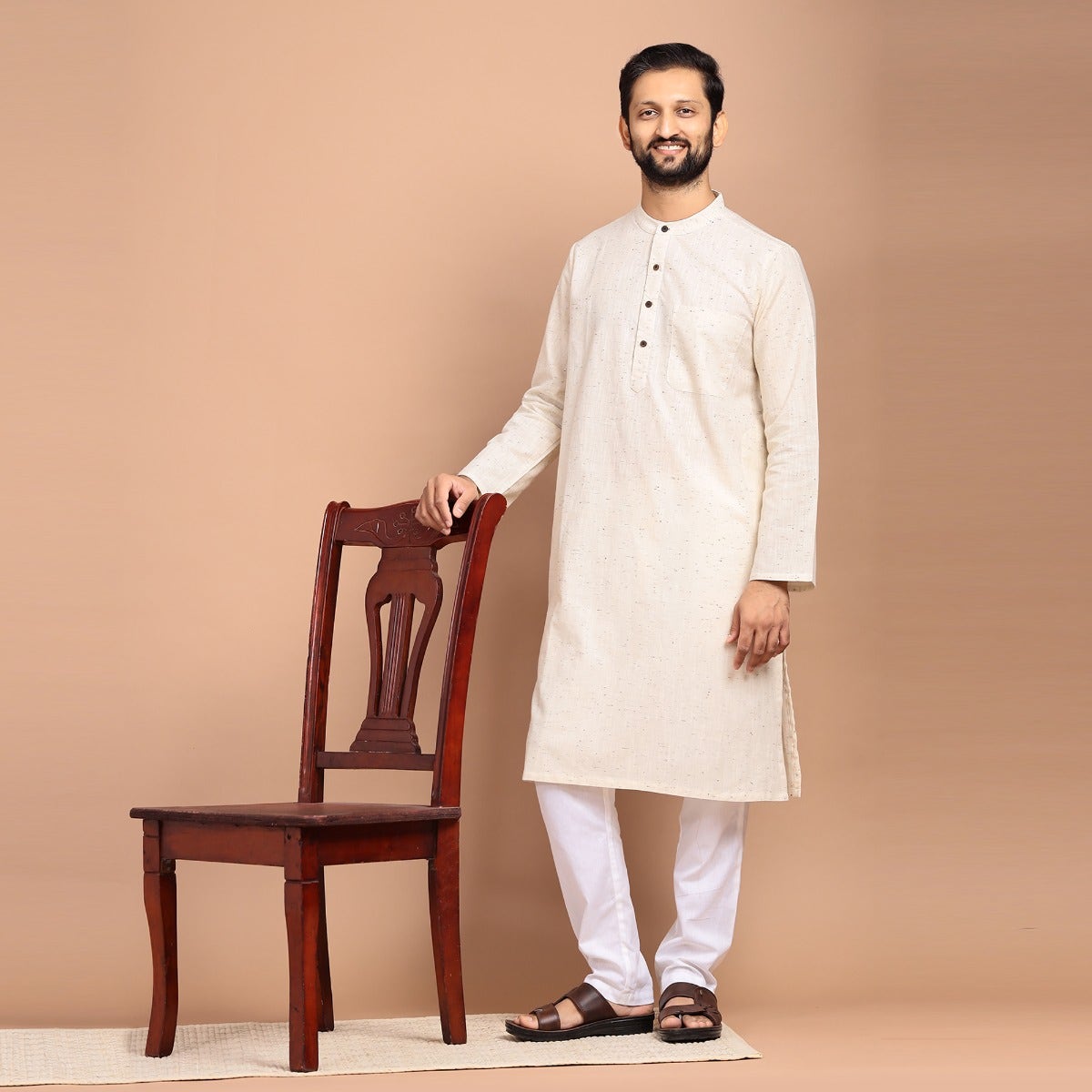 Yarn Dyed Full Sleeve Slub Cotton Kurta - Ecru