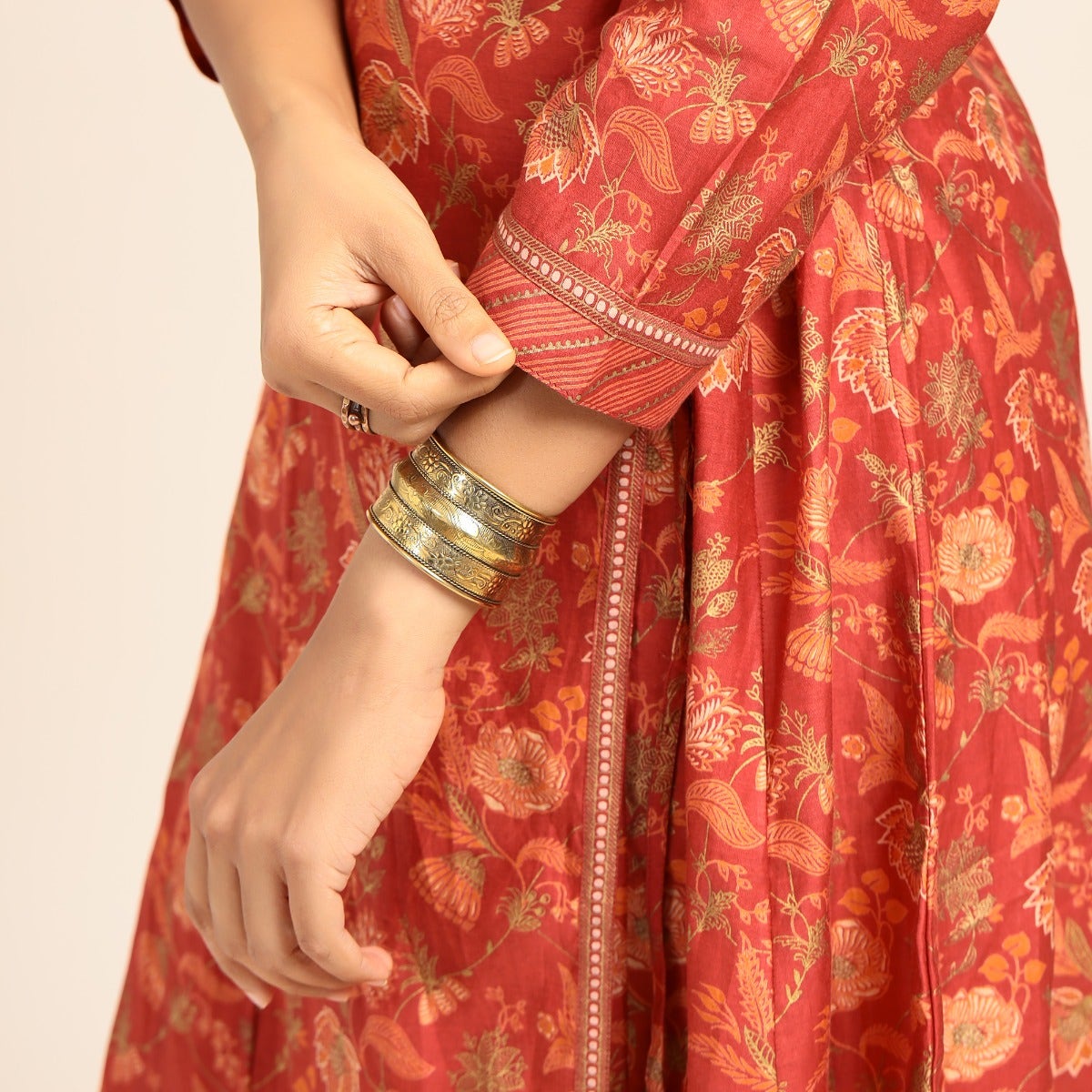 Screen printed Chanderi A-line wrap Kurta - Terracota red