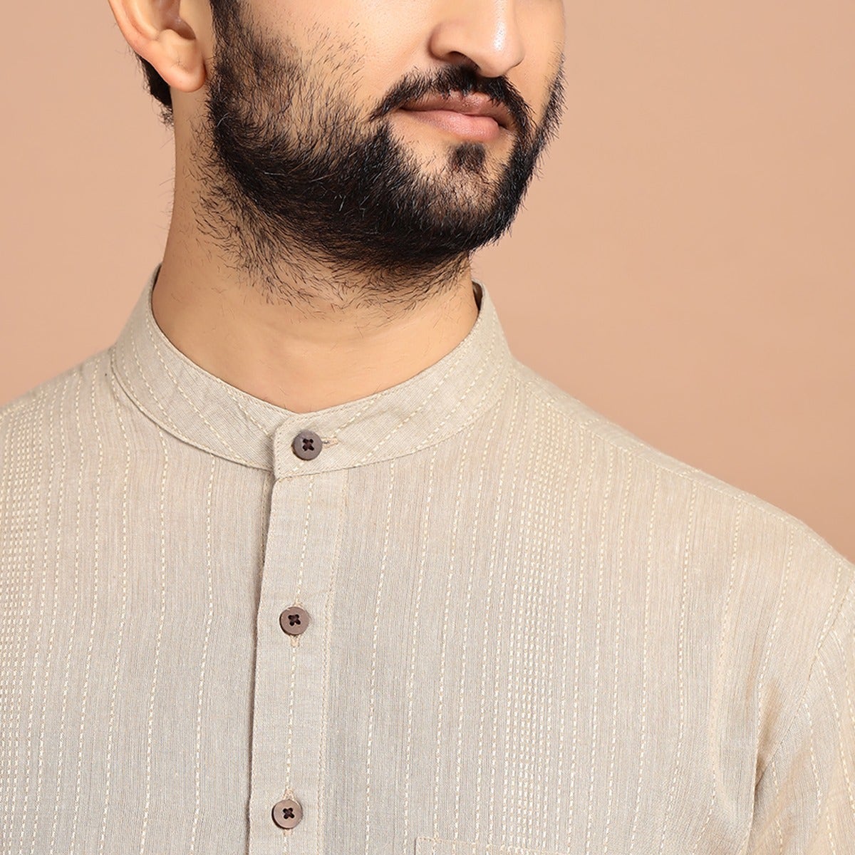 Full Sleeve Cotton Dobby Long Kurta - Grey