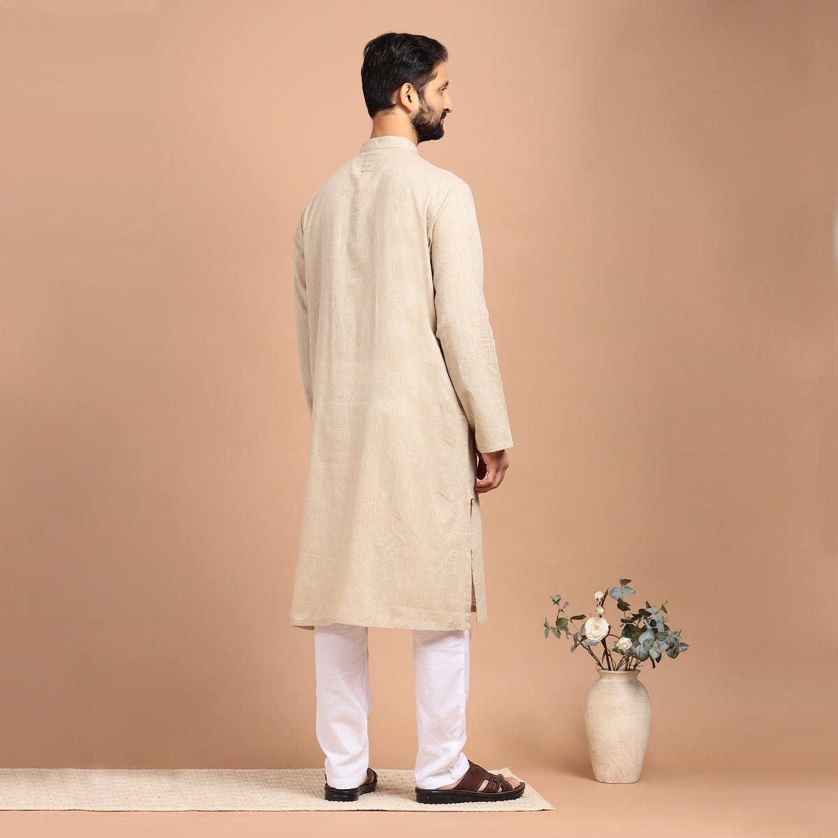 Full Sleeve Cotton Dobby Long Kurta - Grey