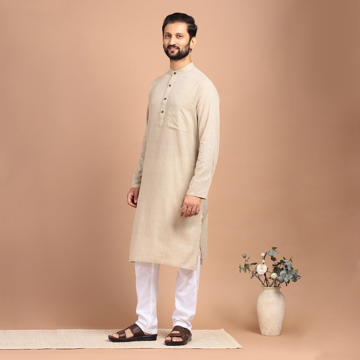 Full Sleeve Cotton Dobby Long Kurta - Grey