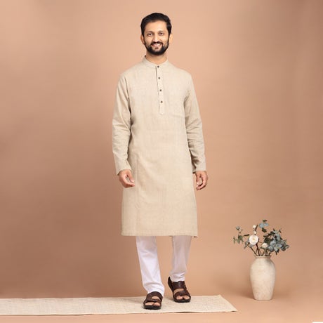 Full Sleeve Cotton Dobby Long Kurta - Grey