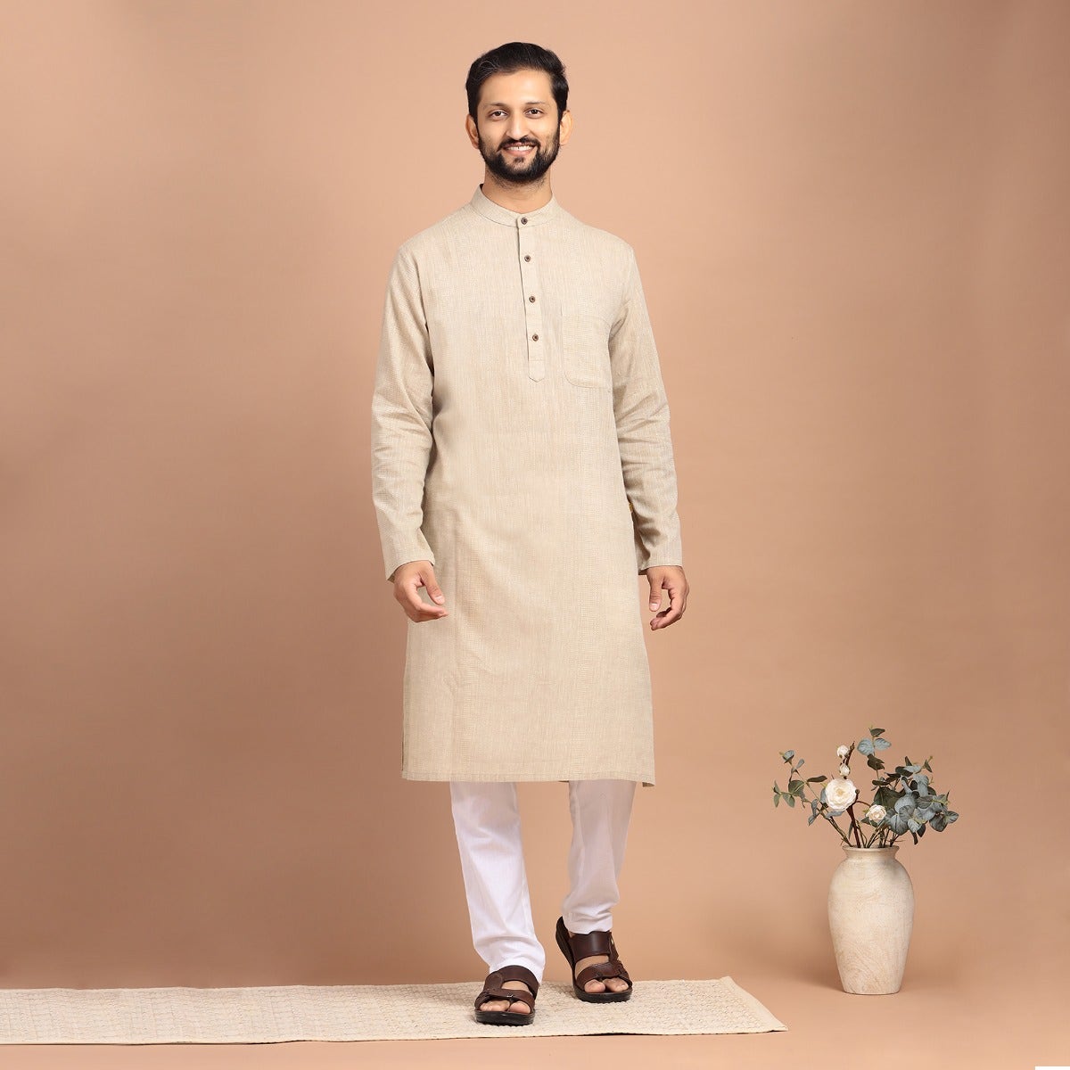 Full Sleeve Cotton Dobby Long Kurta - Grey