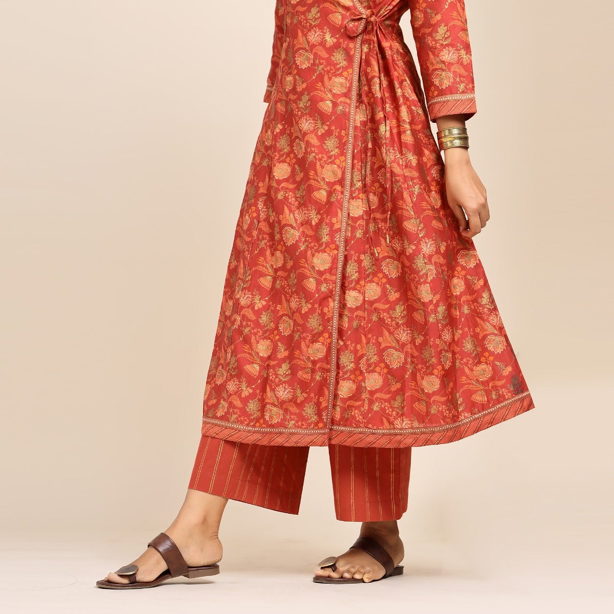 Screen printed Chanderi A-line wrap Kurta - Terracota red