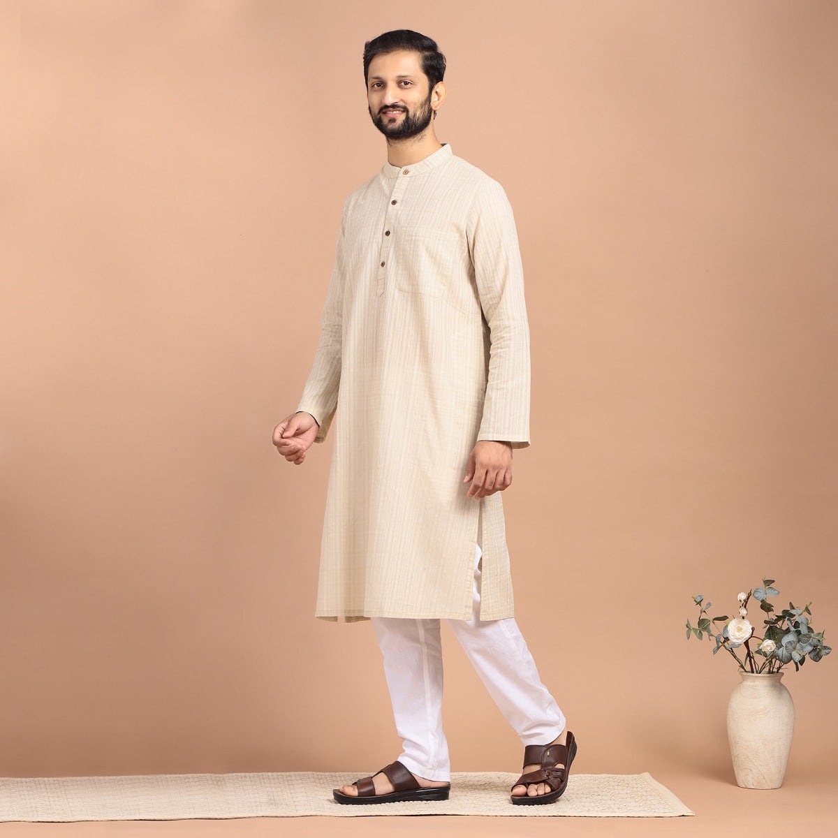 Yarn Dyed Full Sleeve Slub Cotton Kurta - Lt Grey