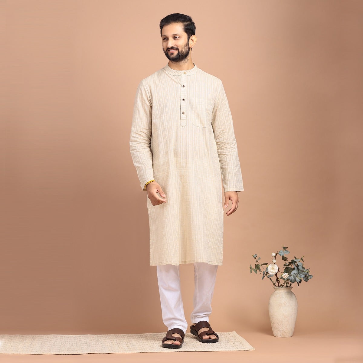 Yarn Dyed Full Sleeve Slub Cotton Kurta - Lt Grey