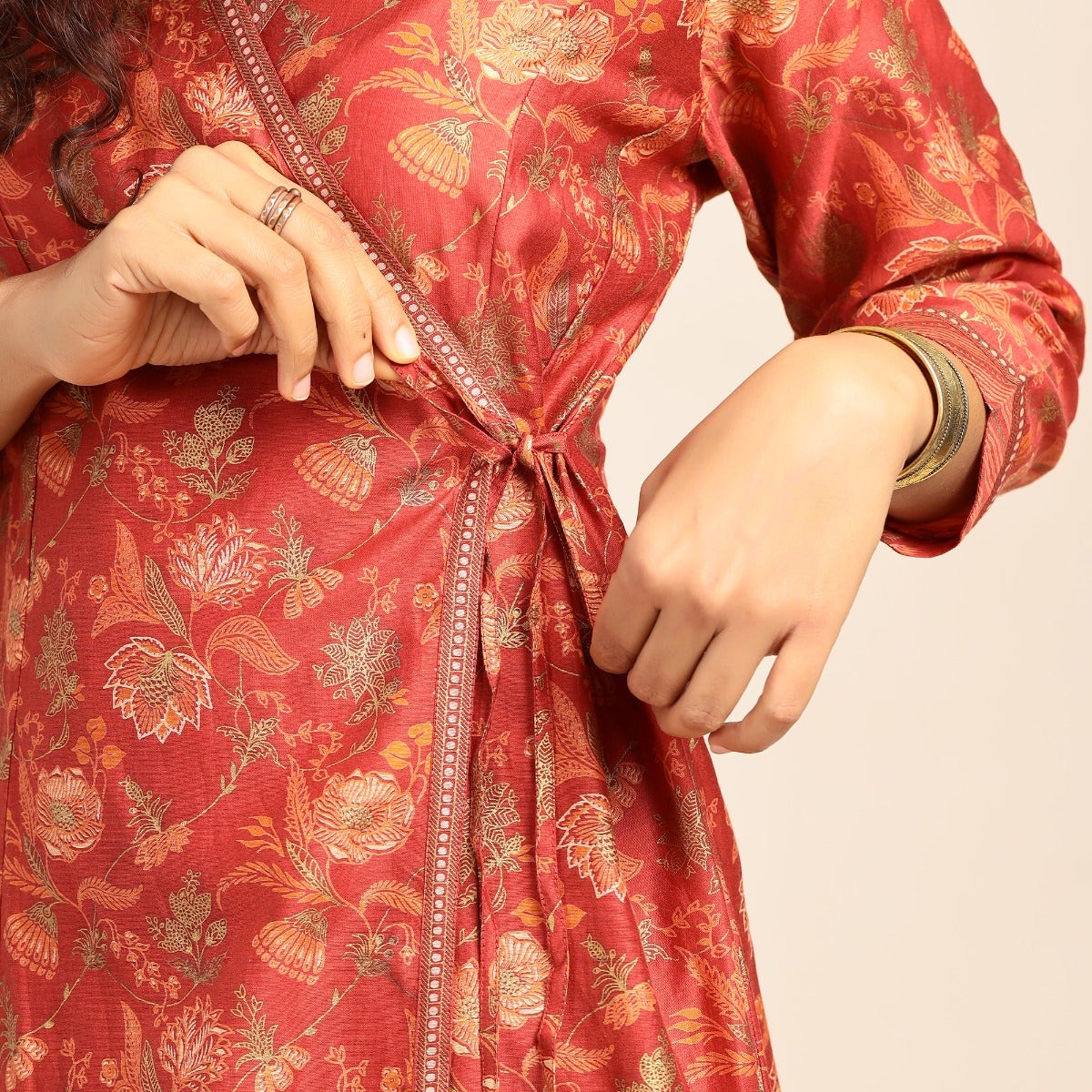 Screen printed Chanderi A-line wrap Kurta - Terracota red