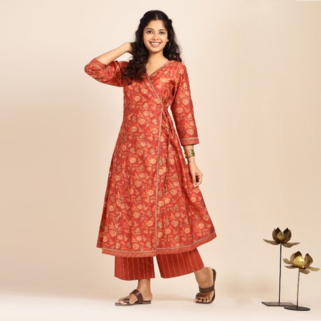 Screen printed Chanderi A-line wrap Kurta - Terracota red