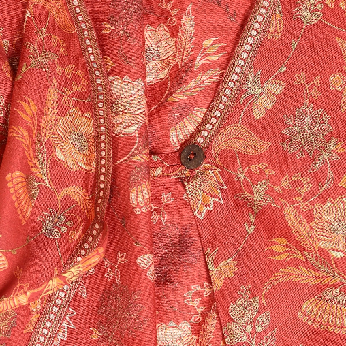 Screen printed Chanderi A-line wrap Kurta - Terracota red