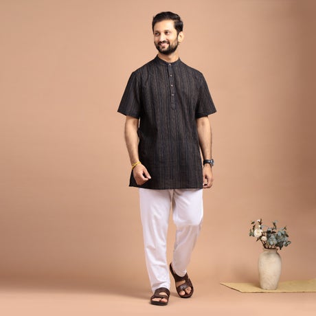 Yarn Dyed Half Sleeve Striped Kurta - Black