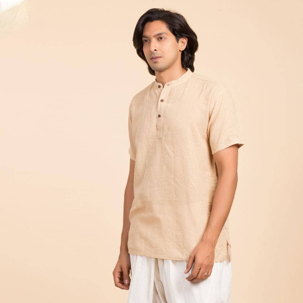 Isha Life Men’s Cotton Linen Kurta. Beige. Half sleeves. Minimalist design. Natural fibers.
