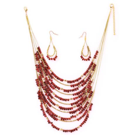 Red and Golden Beaded Layered Necklace Set 