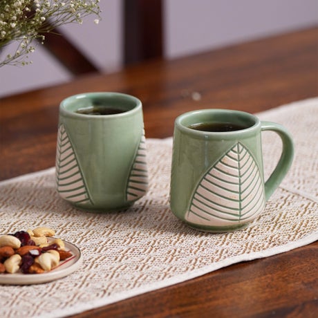 Handcrafted Ceramic Mug With Pipal Leaf Imprint (Large) - Surf Blue Set Of 2