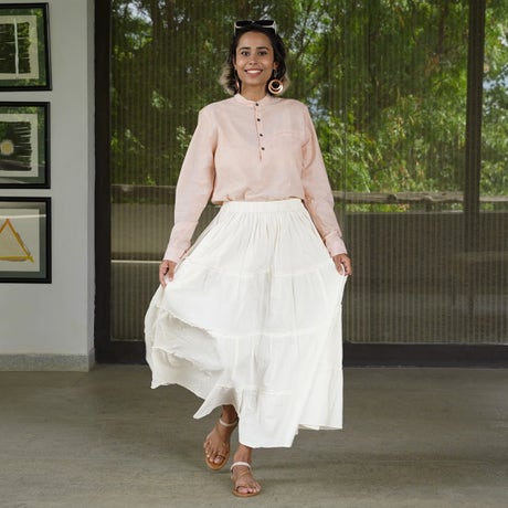 Tiered cotton long skirt - off white