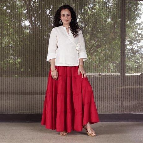 Tiered cotton long skirt - Red