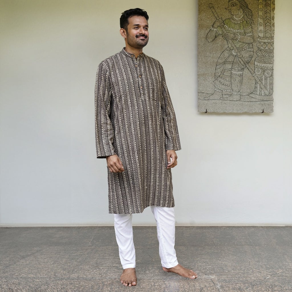 Handblock Printed Long Kurta - Grey & Ecru