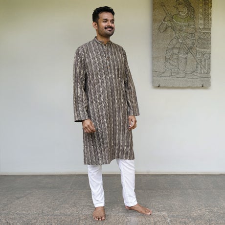 Handblock Printed Long Kurta - Grey & Ecru