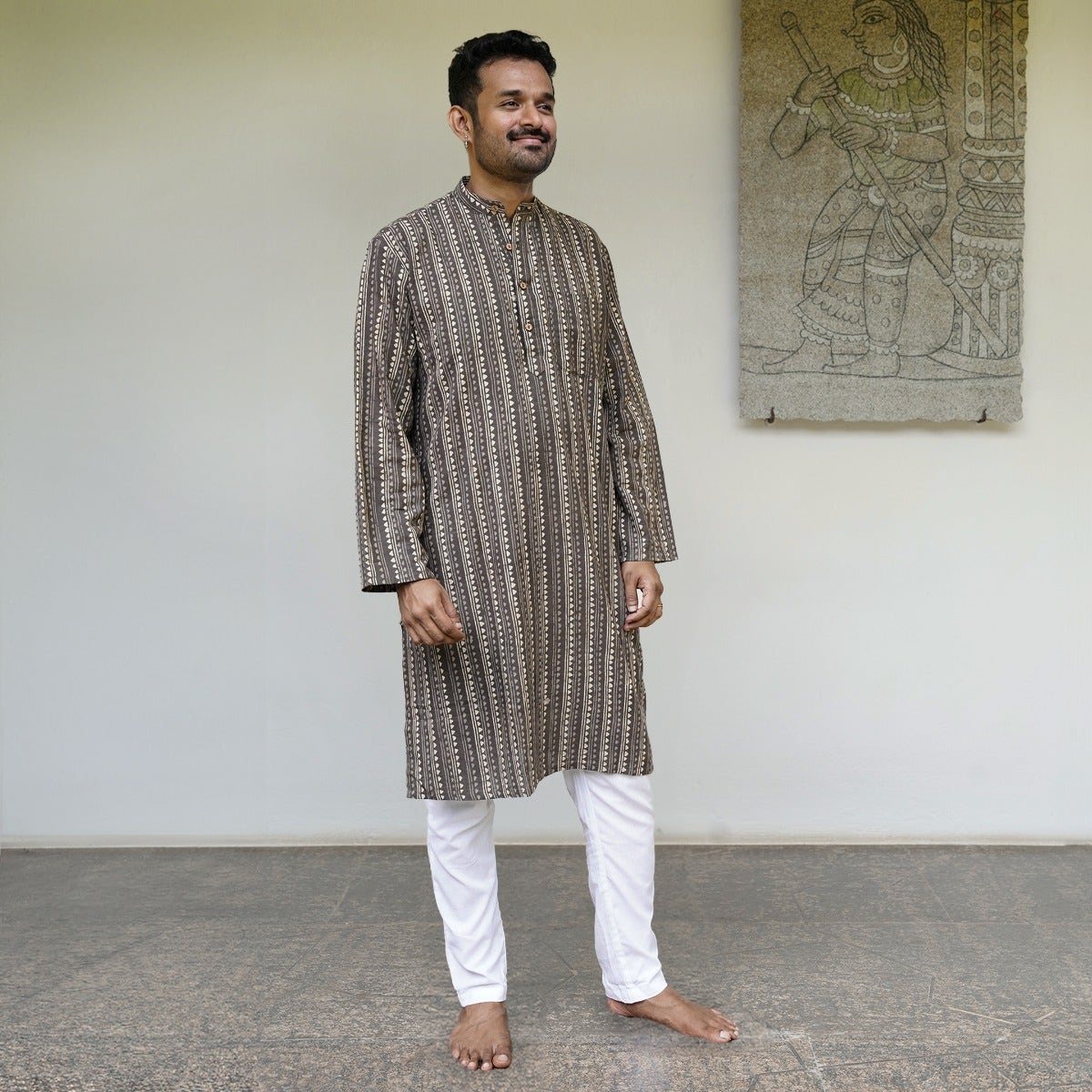 Handblock Printed Long Kurta - Grey & Ecru