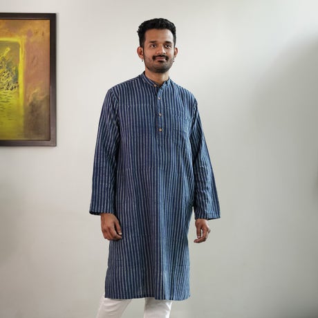 Handblock Printed Long Kurta - Ecru & Indigo Stripes