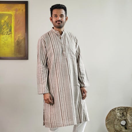 Handblock Printed Long Kurta - Ecru & Grey Stripes