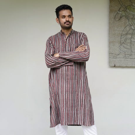 Handblock Printed Long Kurta - Multicolor Stripe