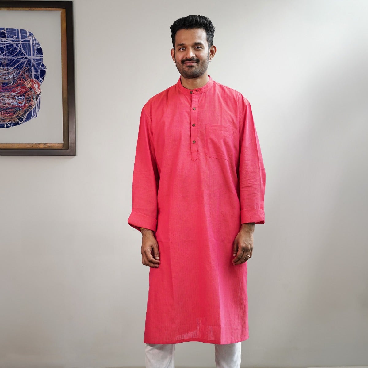 Cerise pink long kurta with thread bundle line texture