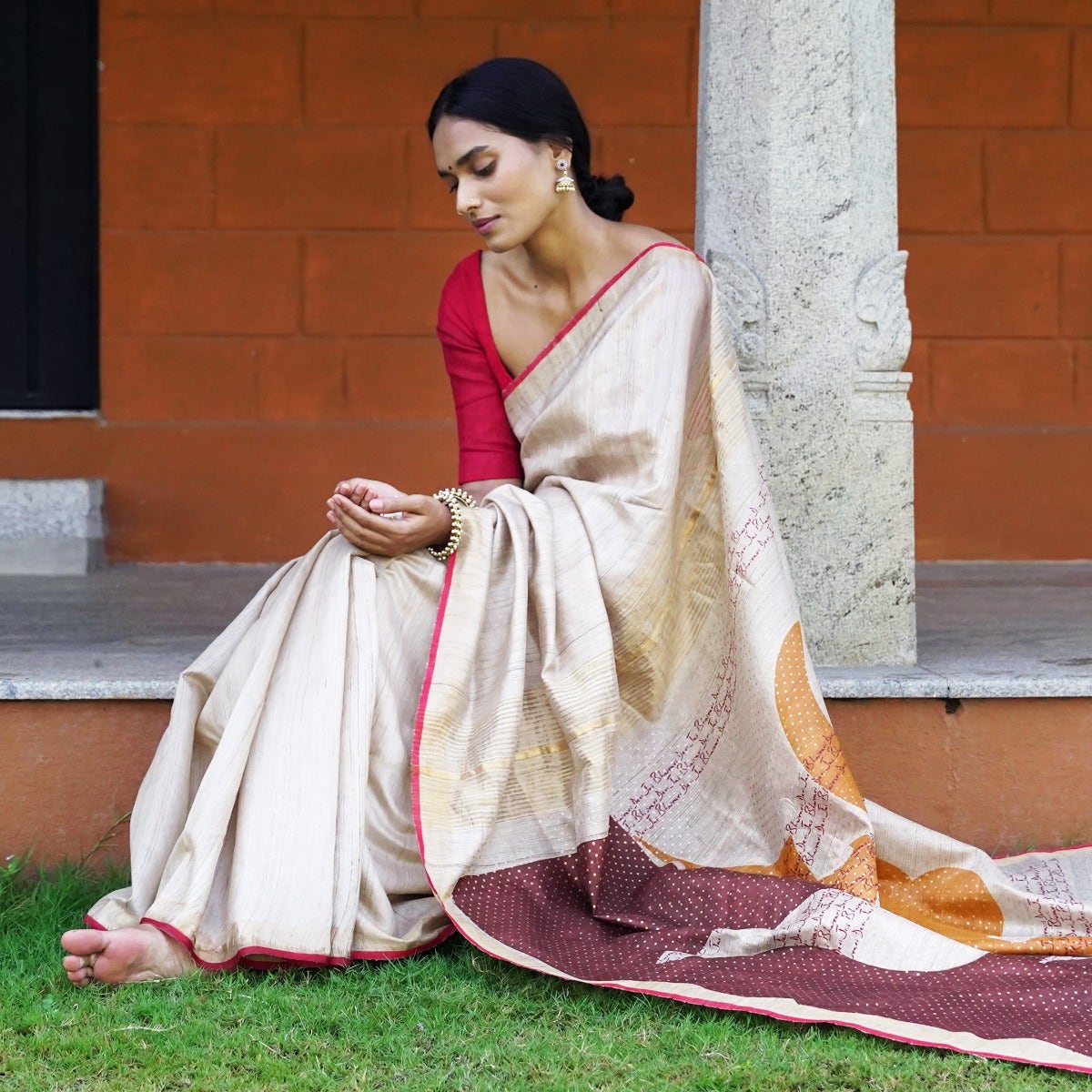 Energized Beige Pure Tussar Silk Saree with Brown and Yellow Pallu embellished with Devi's sacred "Trishul"