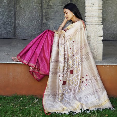 Consecrated Magenta Pure Tussar Silk Saree with Golden and Beige Pallu invoking "Jai Bhairavi devi"