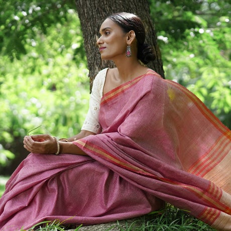 Enchanting Wine Red Peace Silk Saree with stylized stripes on the border