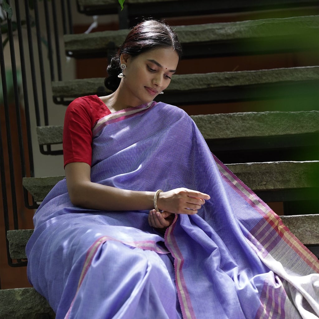 Fine Check Cross Colours Warp and Weft Corporate Design Tussar Saree - Cobalt