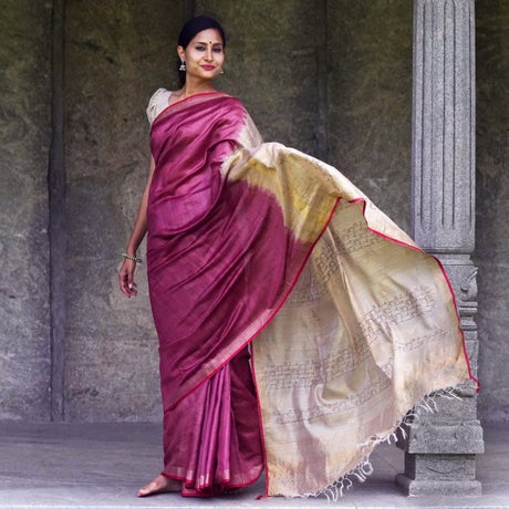 Consecrated Pure Tussar Silk Wine Red Saree with Golden and Beige Pallu embellished with "Jai Bhairavi Devi"