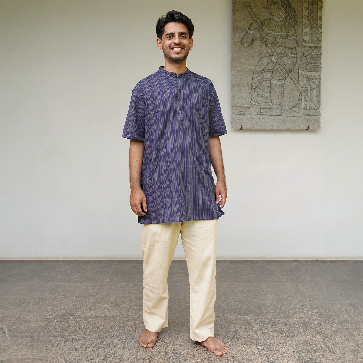 Sapphire blue ecru half sleeve striped short kurta 