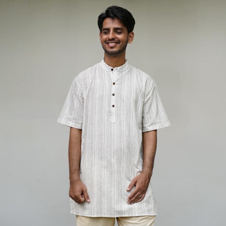 Moon white ecru half sleeve striped short kurta 
